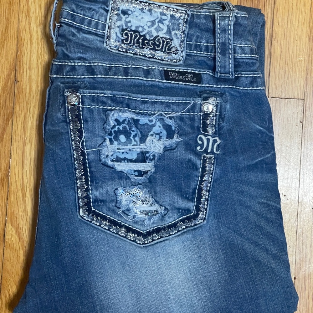 Miss Me Distressed Blue Jeans with Floral Accents